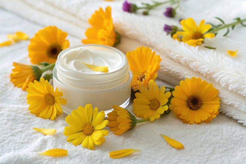 Des fleurs de calendula jaune vif entourent un hydratant crémeux sur une serviette douce photographie stock