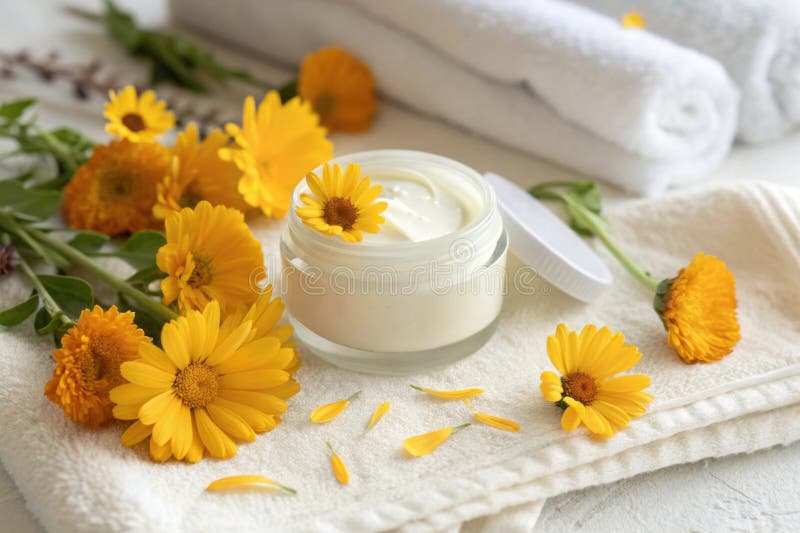 Des fleurs de calendula jaune vif entourent un pot de crème sur une serviette moelleuse photo stock
