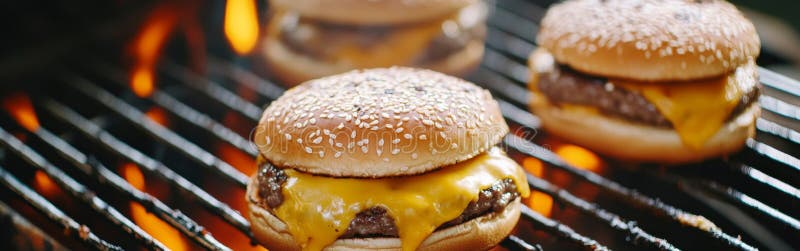 Des galettes de hamburger sont en train de cuisiner sur un barbecue surmonté d'un fromage fondu au gooey. les flammes vibrantes cr image stock