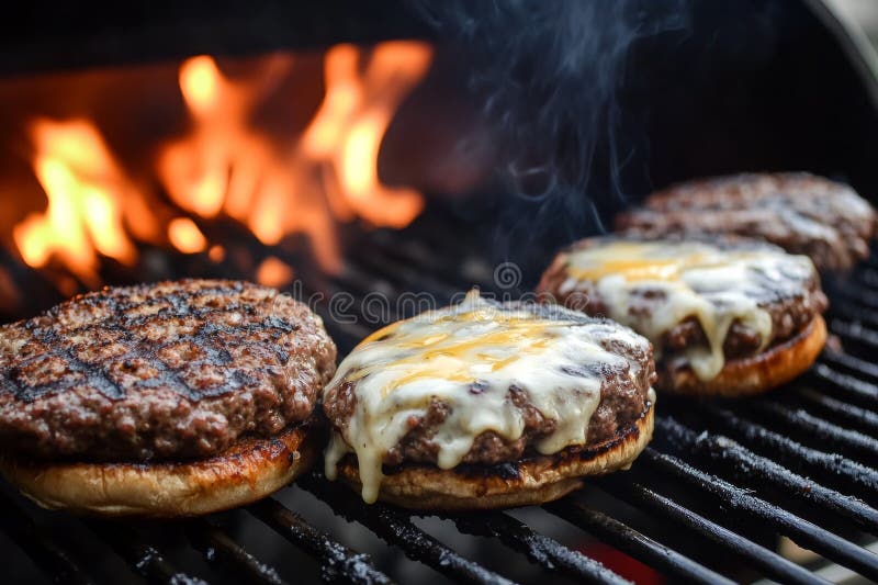 Des galettes de hamburger sont grillées sur une flamme ouverte surmontée d'un fromage fondu au gooey et présentant un délicieux photo stock