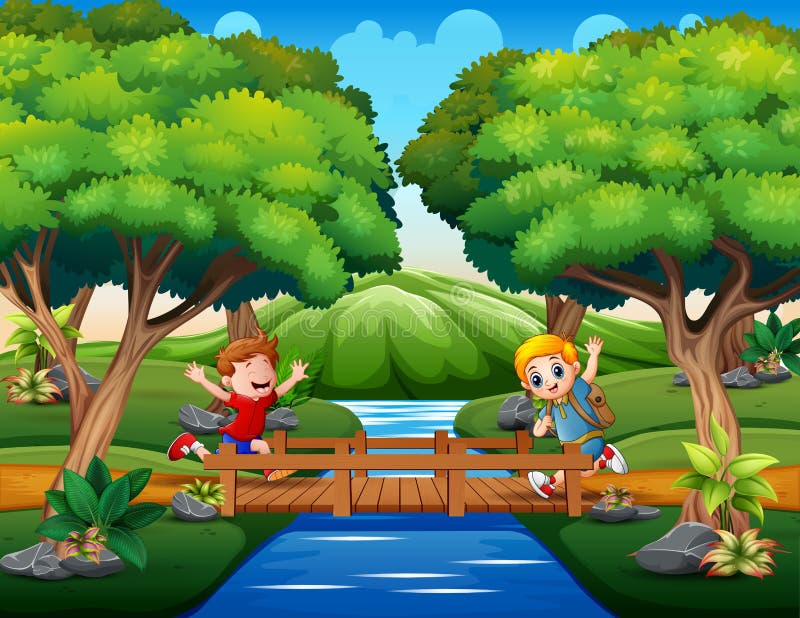 Des garçons heureux traversèrent le pont de bois illustration de vecteur