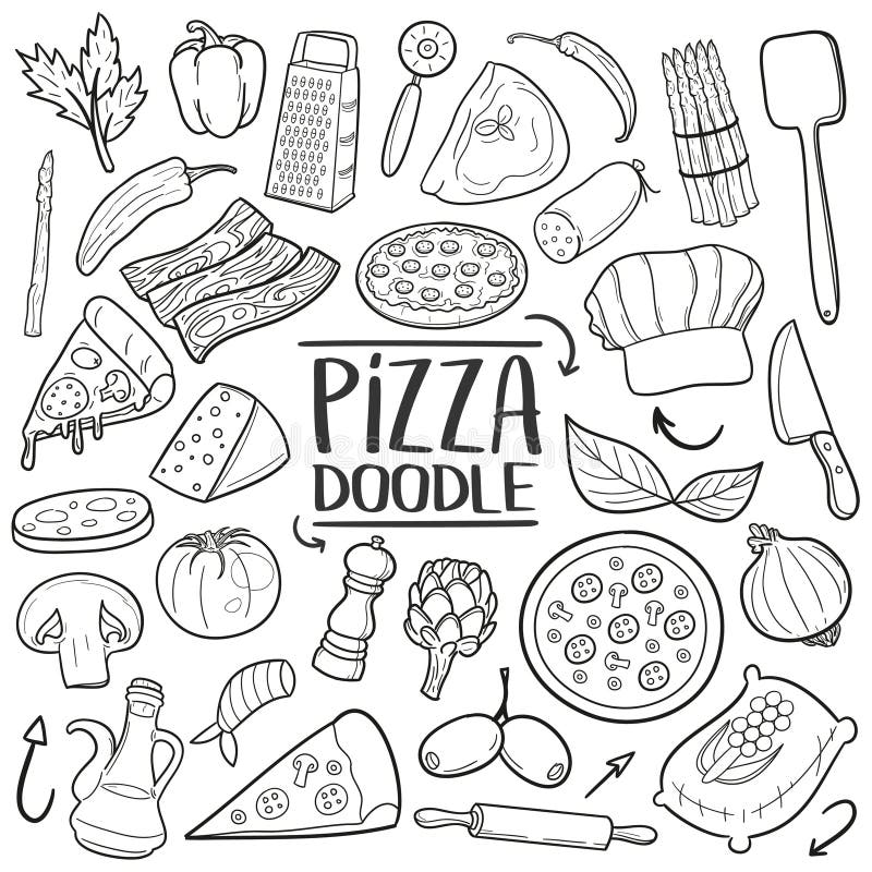 Des Gekritzelikonenhandabgehobenen betrages des Pizza-italienischen Lebensmittels traditioneller Satz