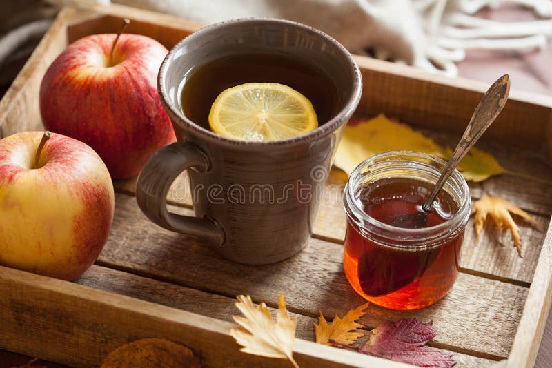 Des getränk-Schals des heißen Zitronenhonigtees Erwärmungsgemütlicher Herbstlaub lizenzfreie stockfotografie
