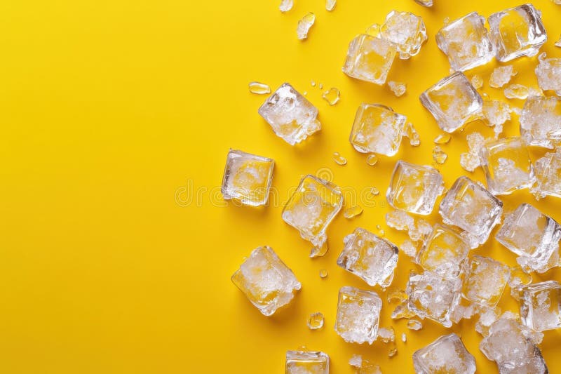 Des glaçons épars sur une surface jaune vif créant une composition minimaliste images stock