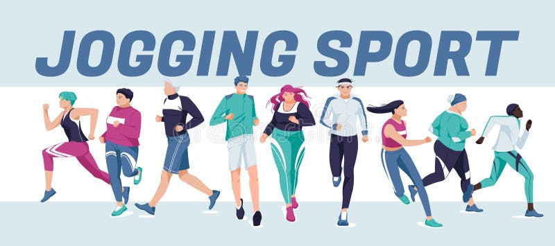 Groups of different people are running. Jogging, healthy lifestyle. Banner design. Vector flat illustration. Groups of different people are running. Jogging, healthy lifestyle. Banner design. Vector flat illustration