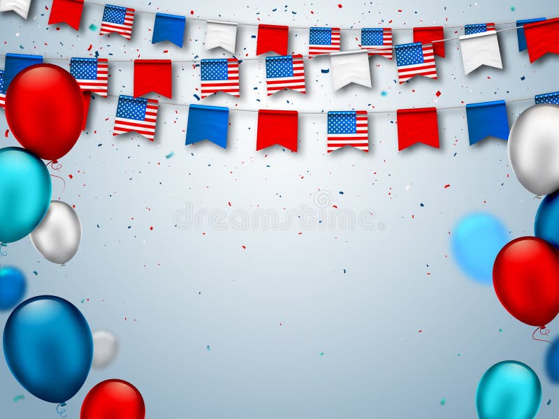 Des guirlandes colorées et festives de drapeaux américains et de ballons d'air Symboles patriotiques décoratifs pour les jours fé illustration libre de droits Des guirlandes colorées et festives de drapeaux américains et de ballons d'air Symboles patriotiques décoratifs pour les jours fé illustration libre de droits
