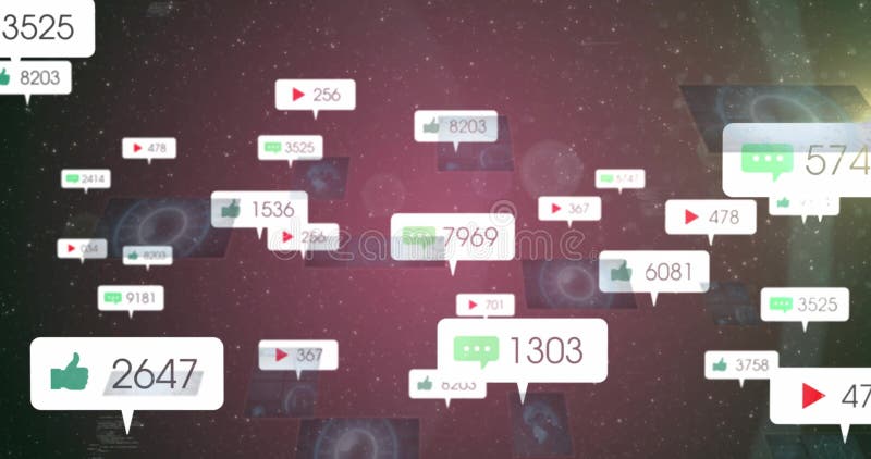 Des icônes flottantes d'engagement sur les médias sociaux sur un fond étoilé dans l'animation illustration stock