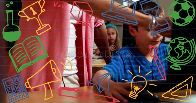 Des icônes éducatives colorées animations sur les enfants qui étudient en classe banque de vidéos