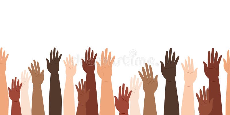 Racial equality. Multicultural community integration. Seamless background Vector illustration. Hands raised, different people from different ethnic groups. Racial equality. Multicultural community integration. Seamless background Vector illustration. Hands raised, different people from different ethnic groups.