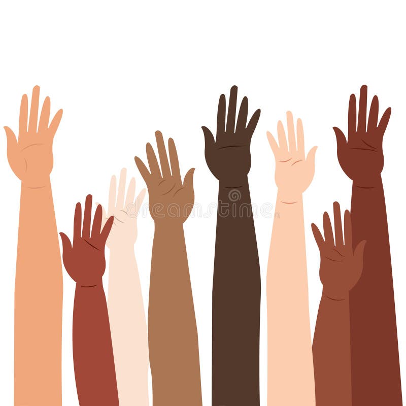 Racial equality. Multicultural community integration. Vector illustration. Hands raised, different people from different ethnic groups. Racial equality. Multicultural community integration. Vector illustration. Hands raised, different people from different ethnic groups.