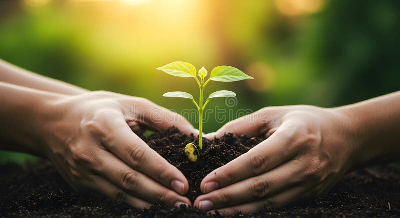 Des mains tendues pour nourrir une jeune Sprout dans un sol riche illustration stock