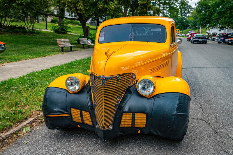 Des Moines, IA - July 01, 2022: High perspective front view of a 1939 Chevrolet Sedan Delivery at a local car show