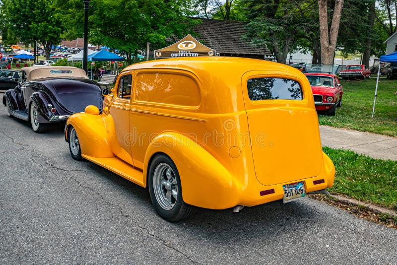 Des Moines, IA - July 01, 2022: High perspective rear corner view of a 1939 Chevrolet Sedan Delivery at a local car show