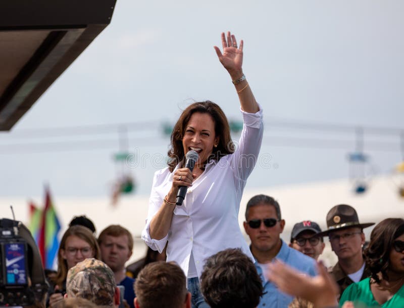 Des Moines, Iowa / USA - August 10, 2019: United States Senator and Democratic presidential candidate Kamala Harris greets supporters at the Iowa State Fair political soapbox in Des Moines, Iowa. Des Moines, Iowa / USA - August 10, 2019: United States Senator and Democratic presidential candidate Kamala Harris greets supporters at the Iowa State Fair political soapbox in Des Moines, Iowa