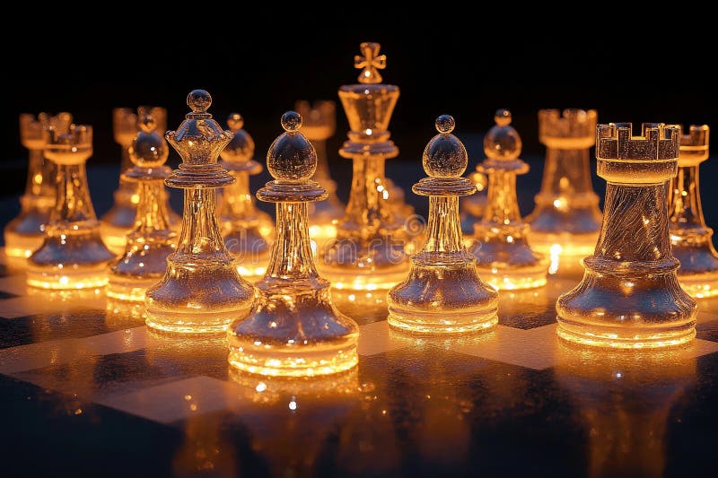 Des pièces d'échecs lumineuses présentent un design complexe pendant le jeu du soir dans un cadre intérieur cosy. Un jeu d'échecs magnifiquement conçu avec des pièces brillantes se trouve sur une table en bois qui souligne l'excitation d'un jeu amical apprécié dans une atmosphère chaleureuse généré par l'IA