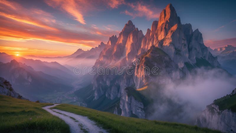 Des sommets majestueux illuminés par une lumière du soleil vif avec un sentier sinueux et une vallée brumeuse en contrebas. Vue panoramique des sommets des montagnes qui brillent dans les teintes chaudes du coucher de soleil entouré d'une vallée brumeuse. Un chemin sinueux traverse une pelouse luxuriante créant une atmosphère sereine