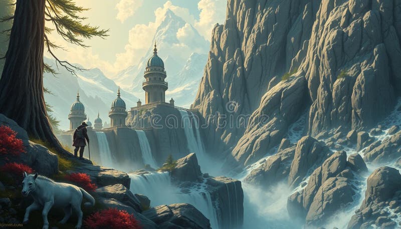 Des structures de style châteaux s'élèvent au milieu de sommets majestueux avec illustration stock