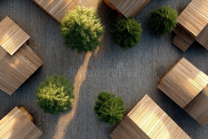 Des structures en bois entourées de verdure créent une atmosphère sereine dans un cadre de marché extérieur photo stock
