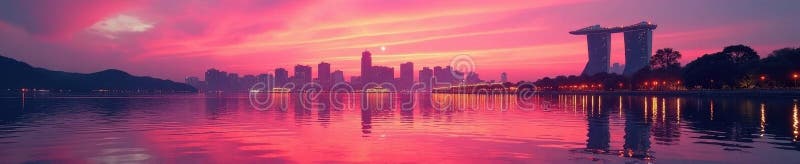 Des teintes rose et orange illuminent la ville en réfléchissant sur la tranquillité de l'horizon de l'eau illustration libre de droits