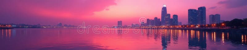 Des teintes rose et orange illuminent le paysage urbain en réfléchissant sur l'eau douce océan matin illustration de vecteur