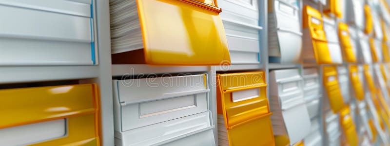Des tiroirs de rangement soigneusement empilés abritent une mine méticuleusement organisée de documents d'entreprise illustration stock