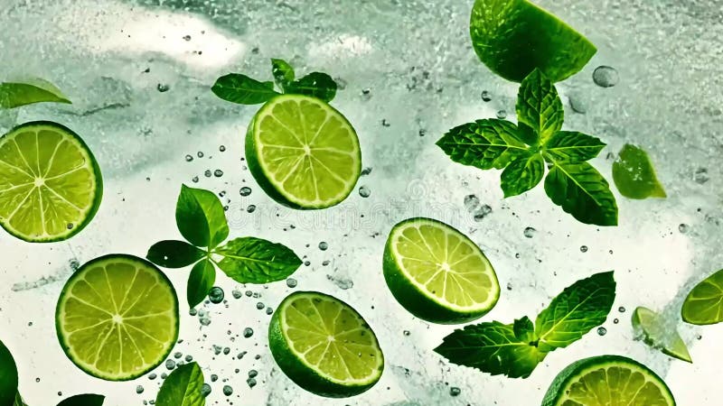 Des tranches de chaux et de menthe éclaboussant dans l'eau rafraîchissante boisson d'été concept illustration stock