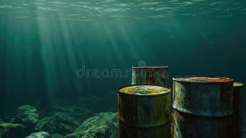 Rusty barrels of toxic chemicals on the ocean floor. Silent killers rest below, rusty barrels unleash their toxic embrace on the ocean. Environmental pollution concept. AI generated. Rusty barrels of toxic chemicals on the ocean floor. Silent killers rest below, rusty barrels unleash their toxic embrace on the ocean. Environmental pollution concept. AI generated