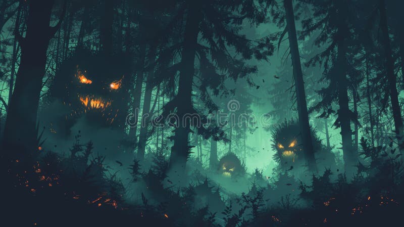 Des yeux brillants et luisants sortent de l'obscurité brumeuse d'une forêt dense. La scène troublante évoque le mystère et le dang illustration libre de droits
