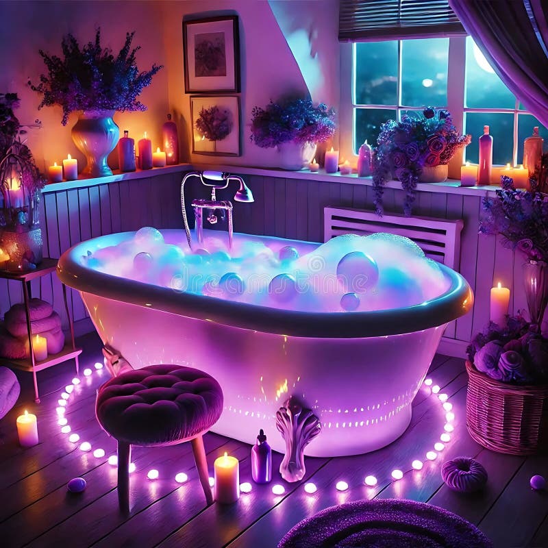 Purple bathtub with water stock illustration. Illustration of generated