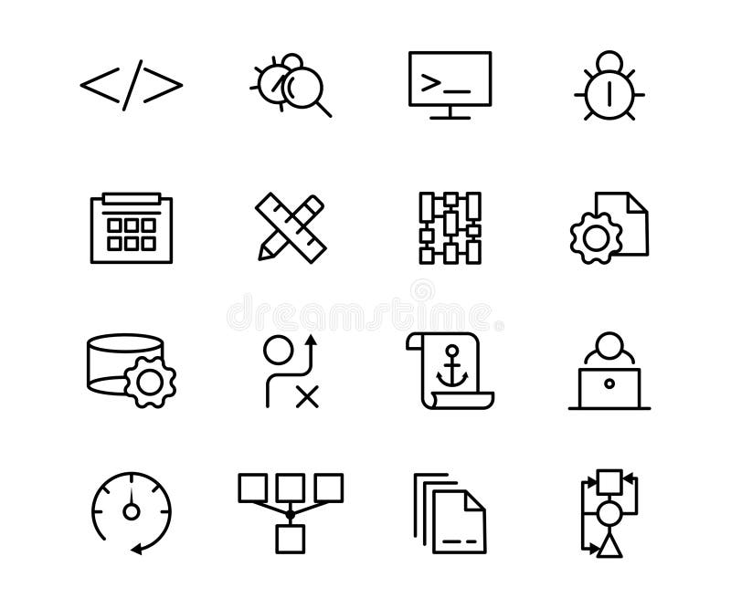 Desarrollo de conjunto de iconos de línea vectorial. símbolo de esquema web de tecnología empresarial y codificación del ciberesp ilustración del vector