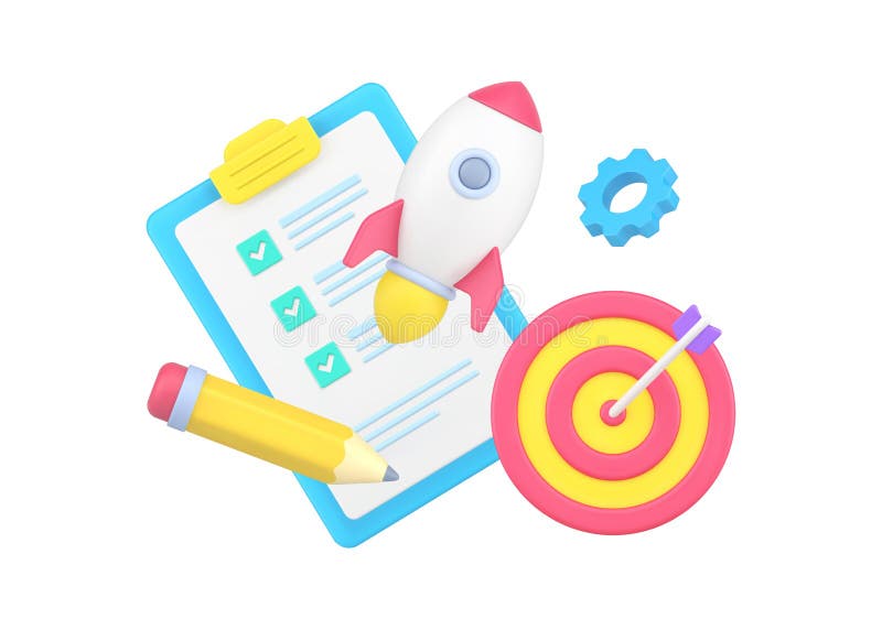 Desarrollo exitosa estrategia de inicio de negocio con el objetivo de engranaje apuntando a hacer un cohete de casilla de verifica libre illustration