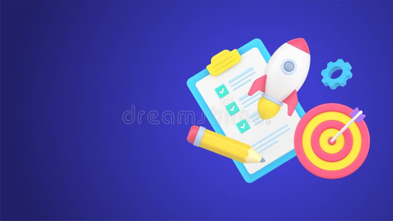 Desarrollo exitoso estrategia de inicio de negocio con el objetivo de engranaje apuntando a hacer un cohete de casilla de verifica stock de ilustración