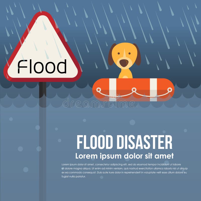 Desastre de inundación con el titular de advertencia y el perro de la inundación en salvavidas en la inundación ilustración del vector Desastre de inundación con el titular de advertencia y el perro de la inundación en salvavidas en la inundación ilustración del vector