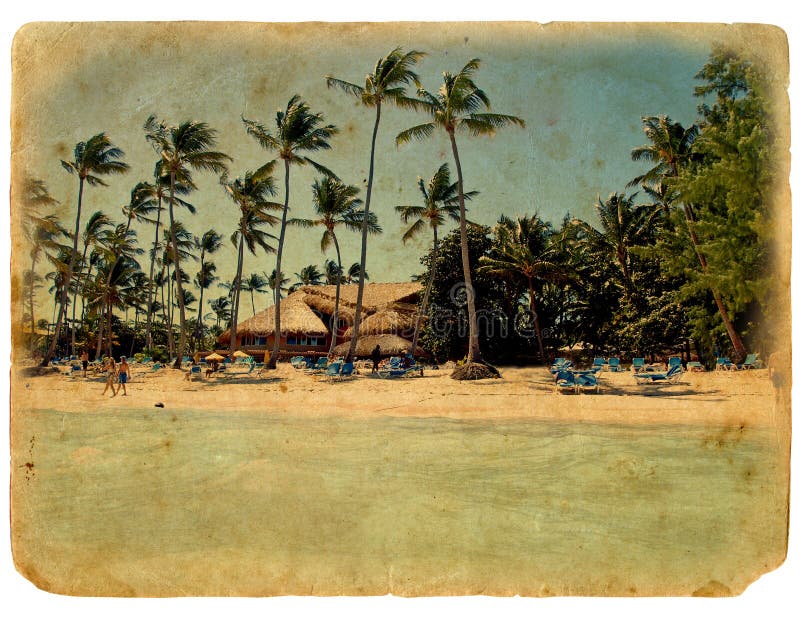 Rest on the beach, lounge chairs, palm trees, the bungalows. The postcard, in a stylized grunge and retro style. on white background. Rest on the beach, lounge chairs, palm trees, the bungalows. The postcard, in a stylized grunge and retro style. on white background