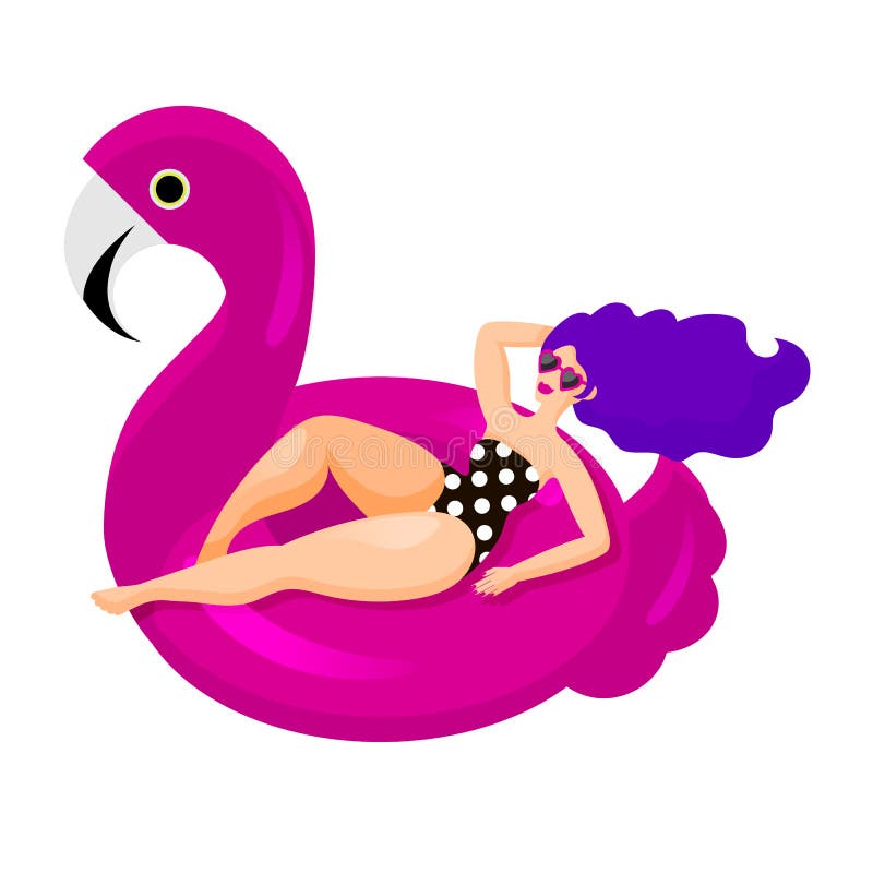 Happy glamorous woman resting, sunbathing in a huge trendy swimming circle in the form of a pink Flamingo. Beach holidays, swimming accessories. Cartoon flat vector style. Isolated element on white background. Happy glamorous woman resting, sunbathing in a huge trendy swimming circle in the form of a pink Flamingo. Beach holidays, swimming accessories. Cartoon flat vector style. Isolated element on white background