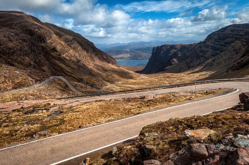 Descending Bealach na Ba from Applecross, Scottish Highlands royalty free stock photos Descending Bealach na Ba from Applecross, Scottish Highlands royalty free stock photos