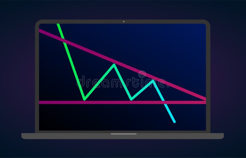 Descending bearish triangle breakouts flat laptop icon. Vector stock and cryptocurrency exchange graph, forex analytics stock illustration
