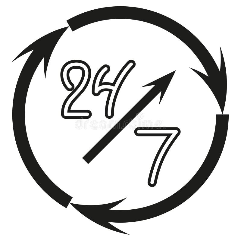 Deschideți în jurul ceasului 24 de ore pe zi și 7 zile pe săptămână pictograma desenată manual, pe un vector alb royalty free illustration