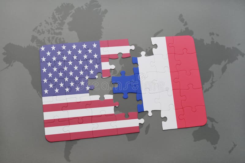 Desconcierte con la bandera nacional de los Estados Unidos de América y de Francia en un fondo del mapa del mundo ilustración del vector Desconcierte con la bandera nacional de los Estados Unidos de América y de Francia en un fondo del mapa del mundo ilustración del vector