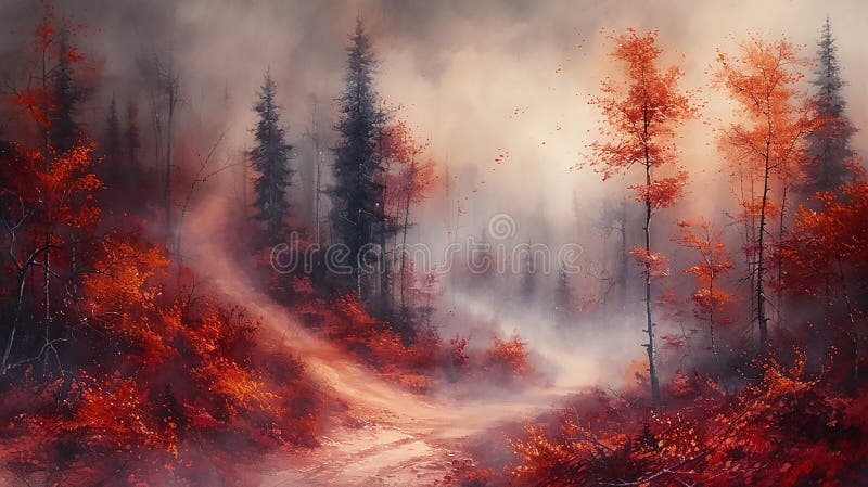 Describe a misty morning landscape, where a footpath disappears into the fog, winding its way through a forest alive with the fiery brilliance of fall, the air tinged with the scent of damp earth and fallen leaves.