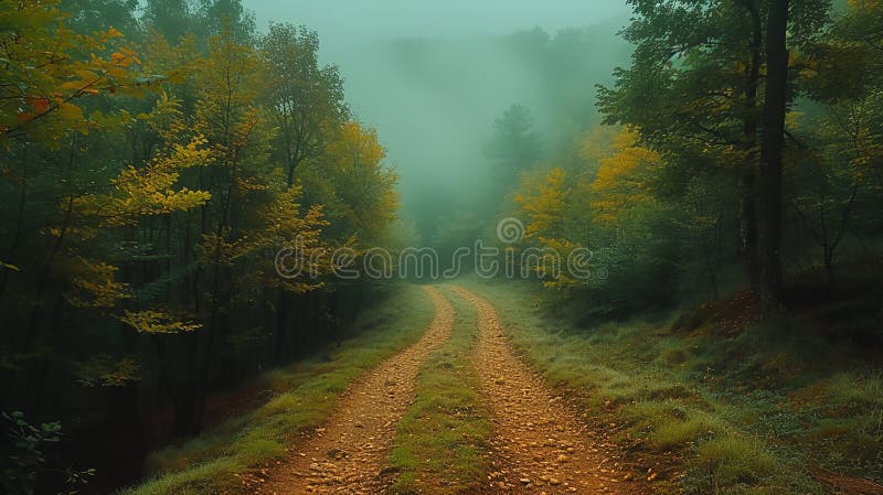 Describe a misty morning landscape, where a footpath disappears into the fog, winding its way through a forest alive with the fiery brilliance of fall, the air tinged with the scent of damp earth and fallen leaves.