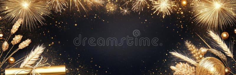 Shimmering Gold Glitter Background with Sparkling Fireworks in the Night Sky stock illustration