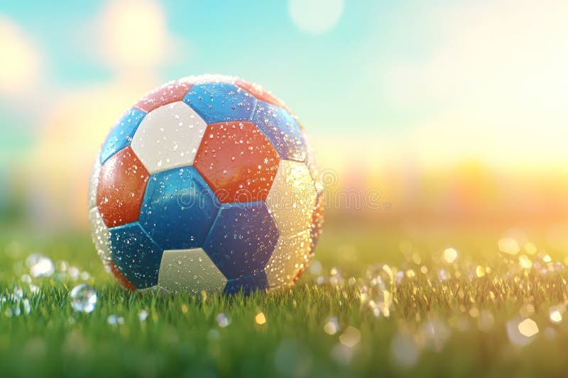 Soccer ball and national flags on green grass field in Russia stock illustration