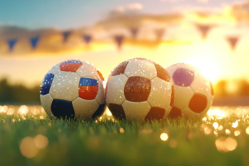 Soccer ball and national flags on green grass field in Russia royalty free illustration