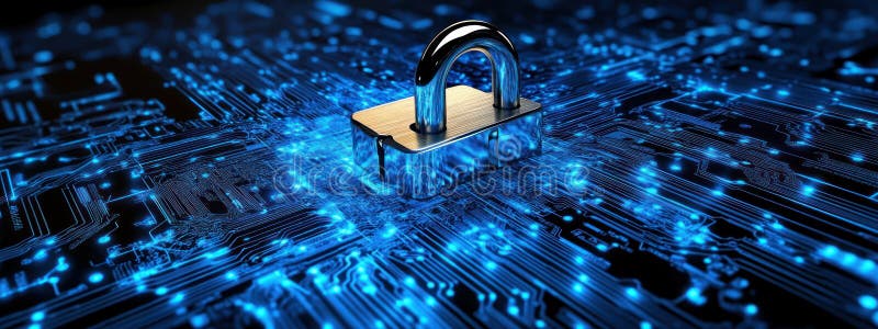 Cybersecurity concept: Digital lock on circuit board with glowing data streams, protection against network hacker threat vector illustration