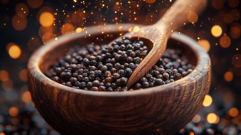 Organic Black Peppercorns in Rustic Wooden Bowl with Scoop, Spices for Cooking and Seasoning Ingredients stock illustration