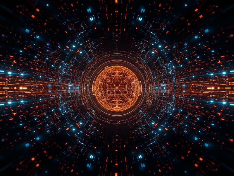 Core Convergence: Abstract Digital Sphere and Pulsing Data Flow stock illustration