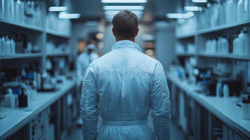 Panoramic view of scientist working in futuristic medical research lab royalty free illustration