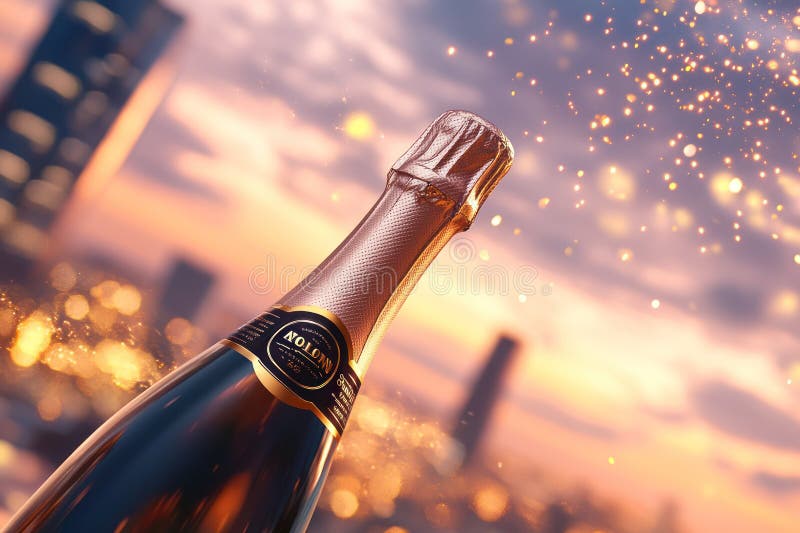 Celebrating with Champagne and Sparkling Fireworks in the Night Sky stock illustration
