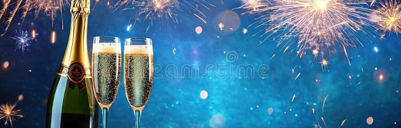 Celebrating with Champagne and Sparkling Fireworks at Night stock illustration